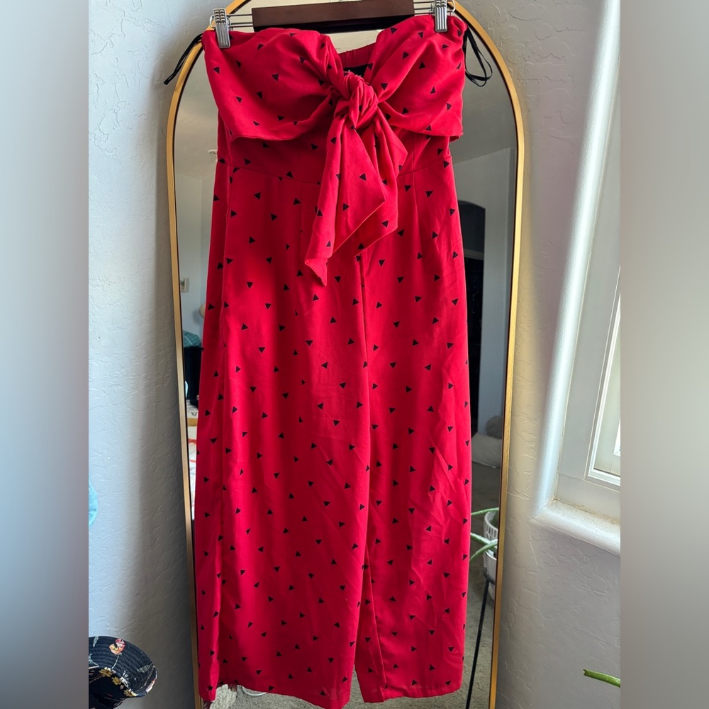 Lulus Nectar Red Print Strapless Tie-front Jumpsuit - Size M - Picture 2 of 11